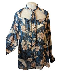 Michel Studio sz14 blue heron semi-sheer flowy tunic blouse EUC